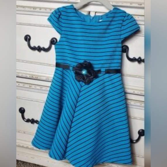 Sweet Heart Rose Other - Blue Striped Kids Dress with Floral Belt